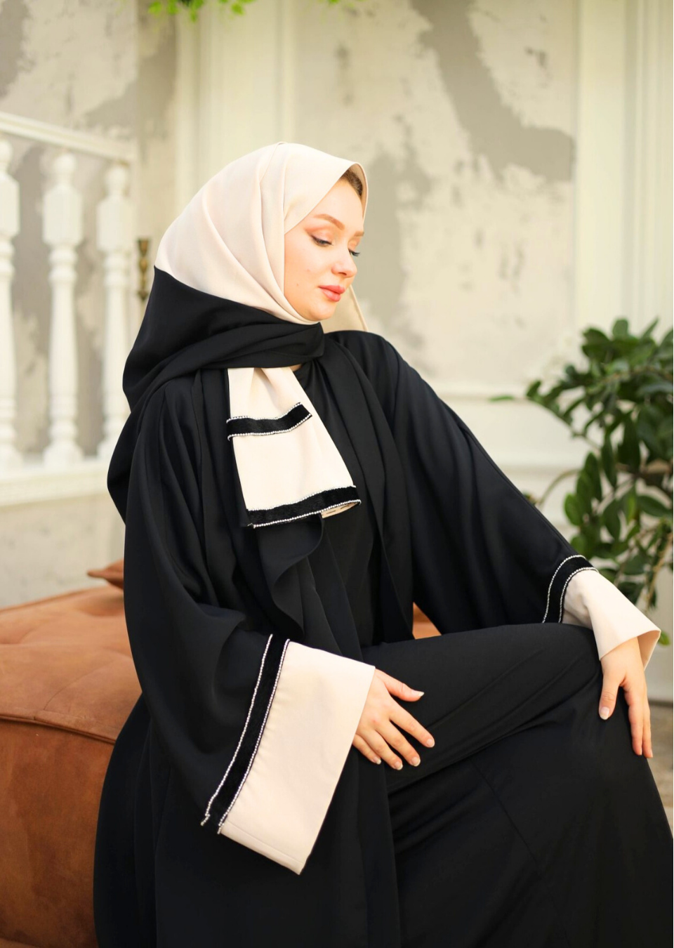 Krem Firuze Abaya Takım